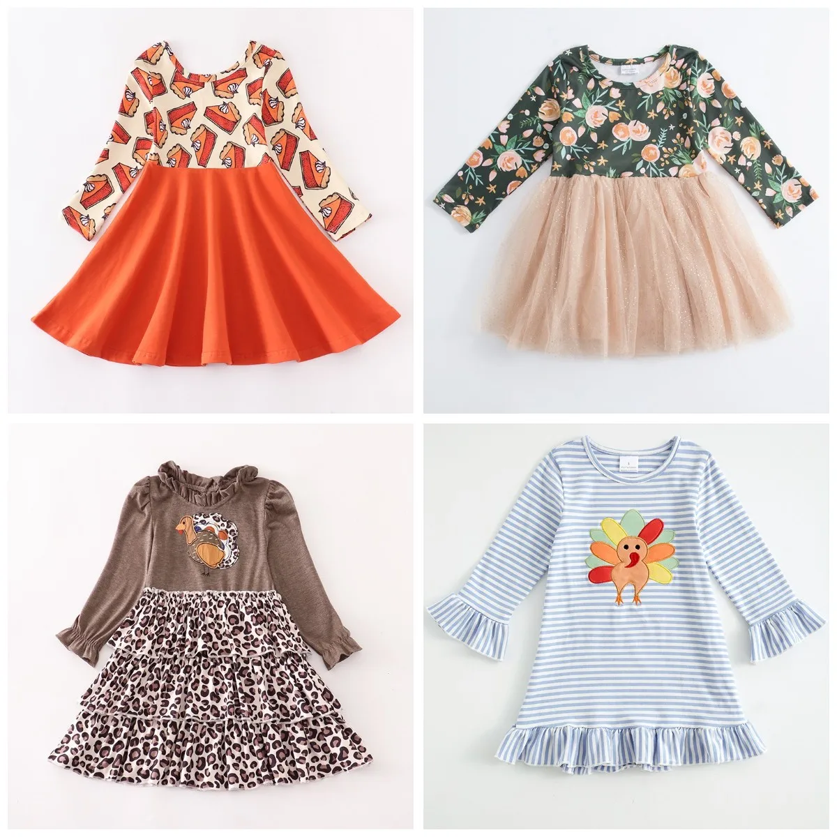 

Girlymax Thanksgiving Baby Girls Kids Clothing Milk Silk Print Ruffles Twirl Tutu Dress Leopard Turkey Knee Length Long Sleeve