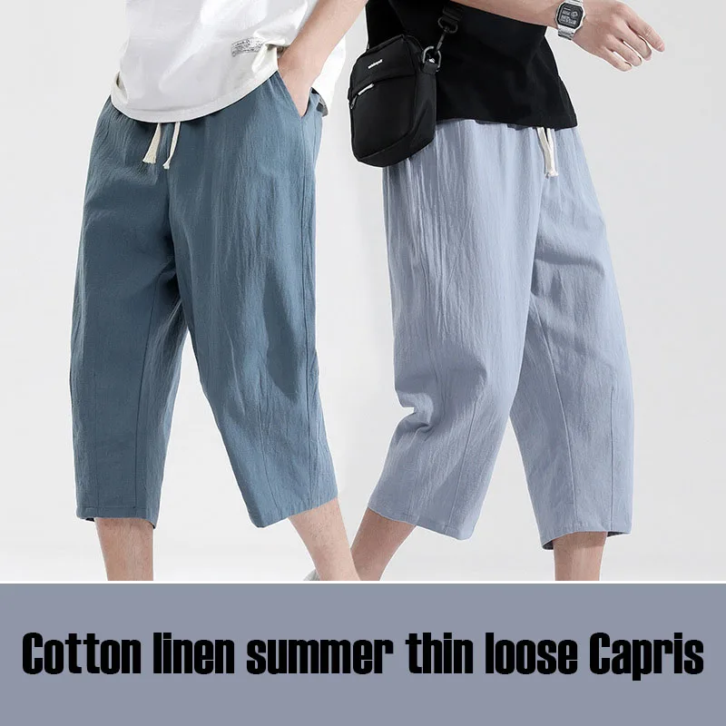 2022 M-5XL Elastic Waist Cropped Trousers Men Streetwear Linen Pants Men Plus Size Fashion Linen Capri Pants Casual Man XXXXXL