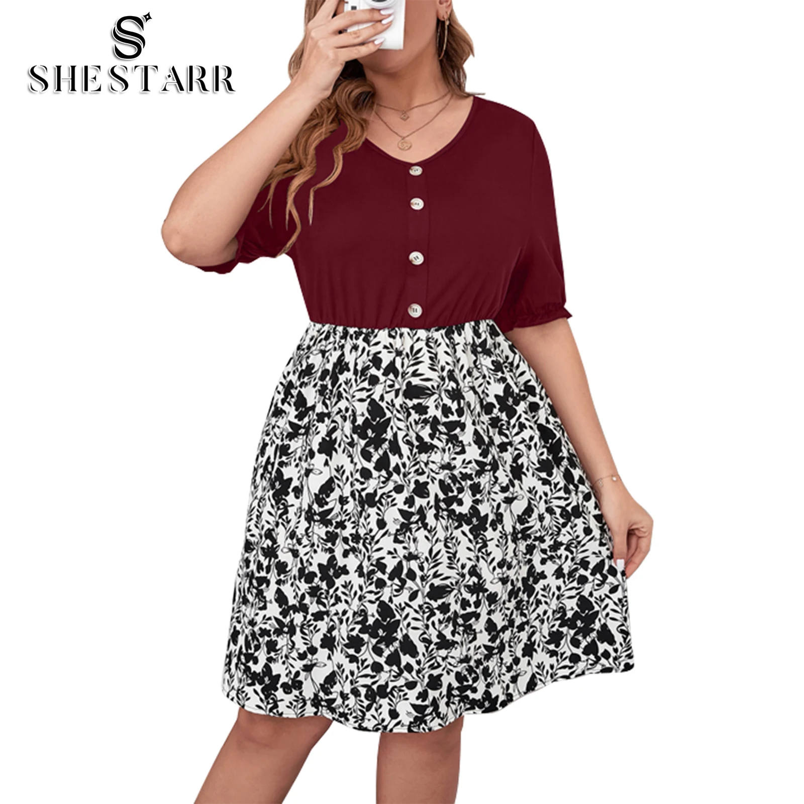 

SHESTARR Dress for Women Plus Size Round Neckline Buttons Short Sleeves Floral Printed Casual Swing Summer Dresses Ladies 2022