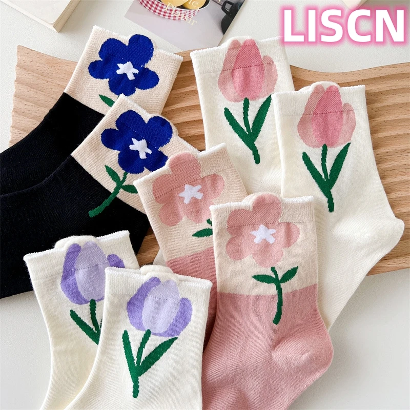

LISCN 2023 New Ins Trendy Tulip Socks Colorful Breathable Cotton Stocking For Women Girls Crew Sock Harajuku Y2k Accessories
