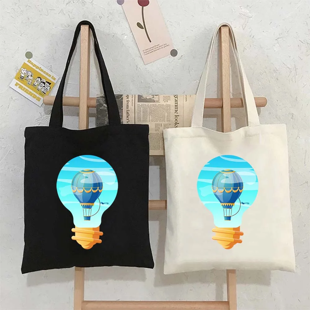 

Air Balloon in Light Bulb Cartoon Art Tote Bags for Women Canvas Shopping Shopper Beach Bag Large Capacity Reusable Handbags