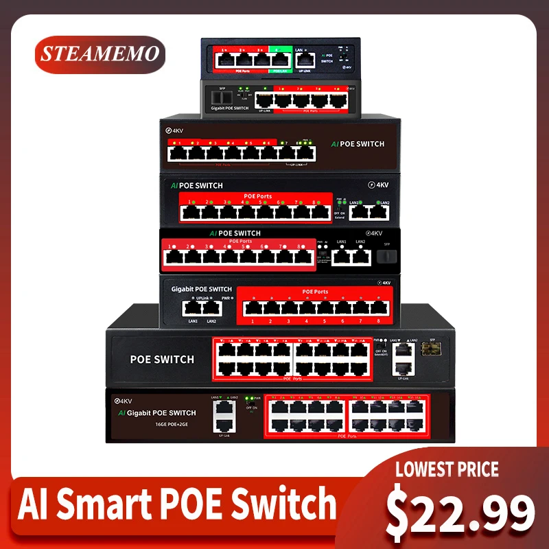STEAMEMO POE Switch With SFP Ethernet Switch For IP Camera/Wireless AP/CCTV Camera AI Smart Switch