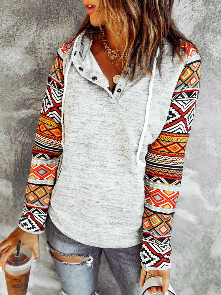 

Western Aztec Geometric Print Women Hoodies Button V Neck Hooded Sweatshirt Ethnic Loose Casual Hoodie with Kangaroo Pocket y2k