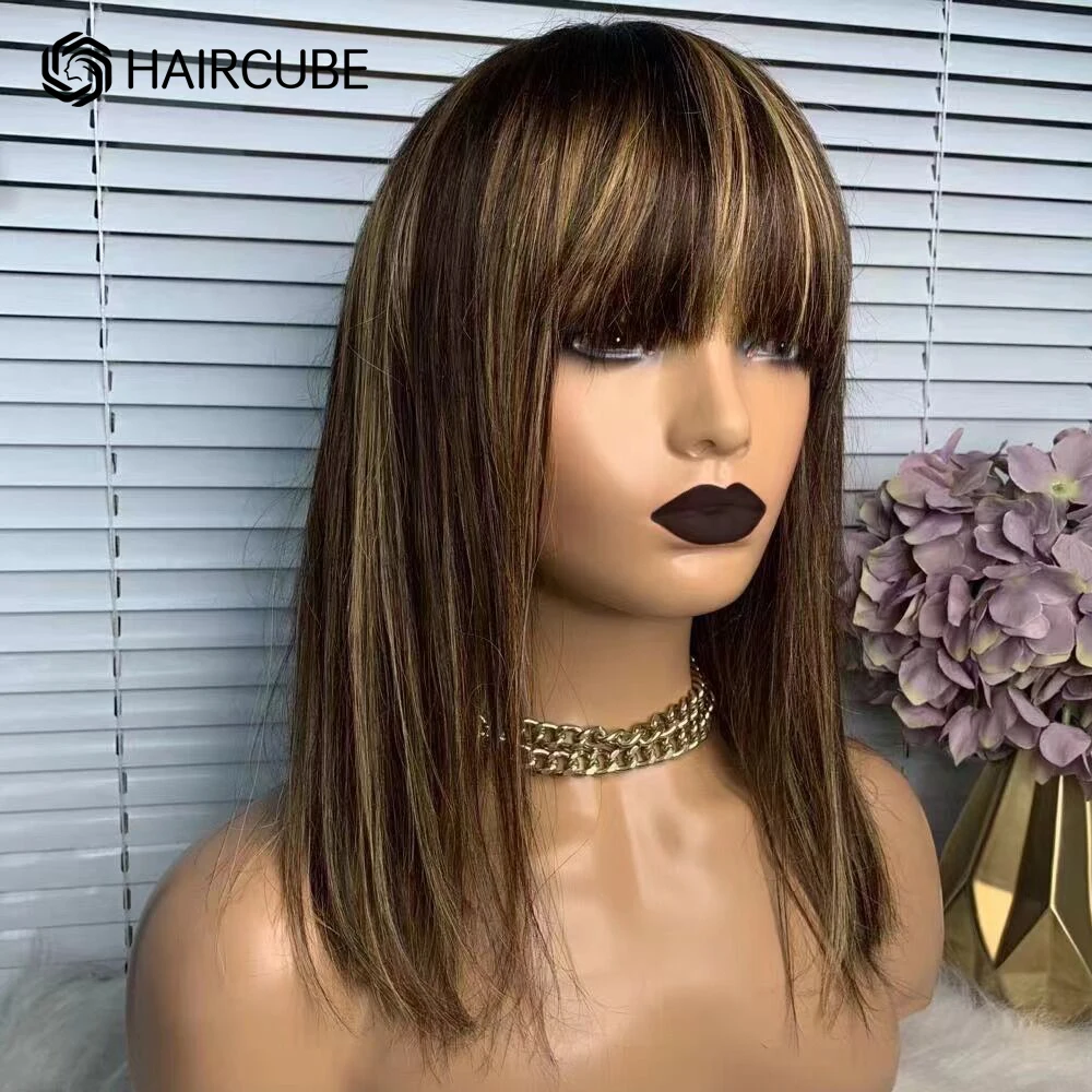Medium Length Straight Human Hair Wigs With Bangs 14inch Blonde Highlights Bob Human Hair Wigs For Women