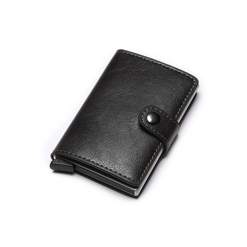 

Custom Logo Fashion Small Bifold Credit Card Holder Men Slim PU Leather RFID Blocking Aluminum Metal Wallet with Buckle