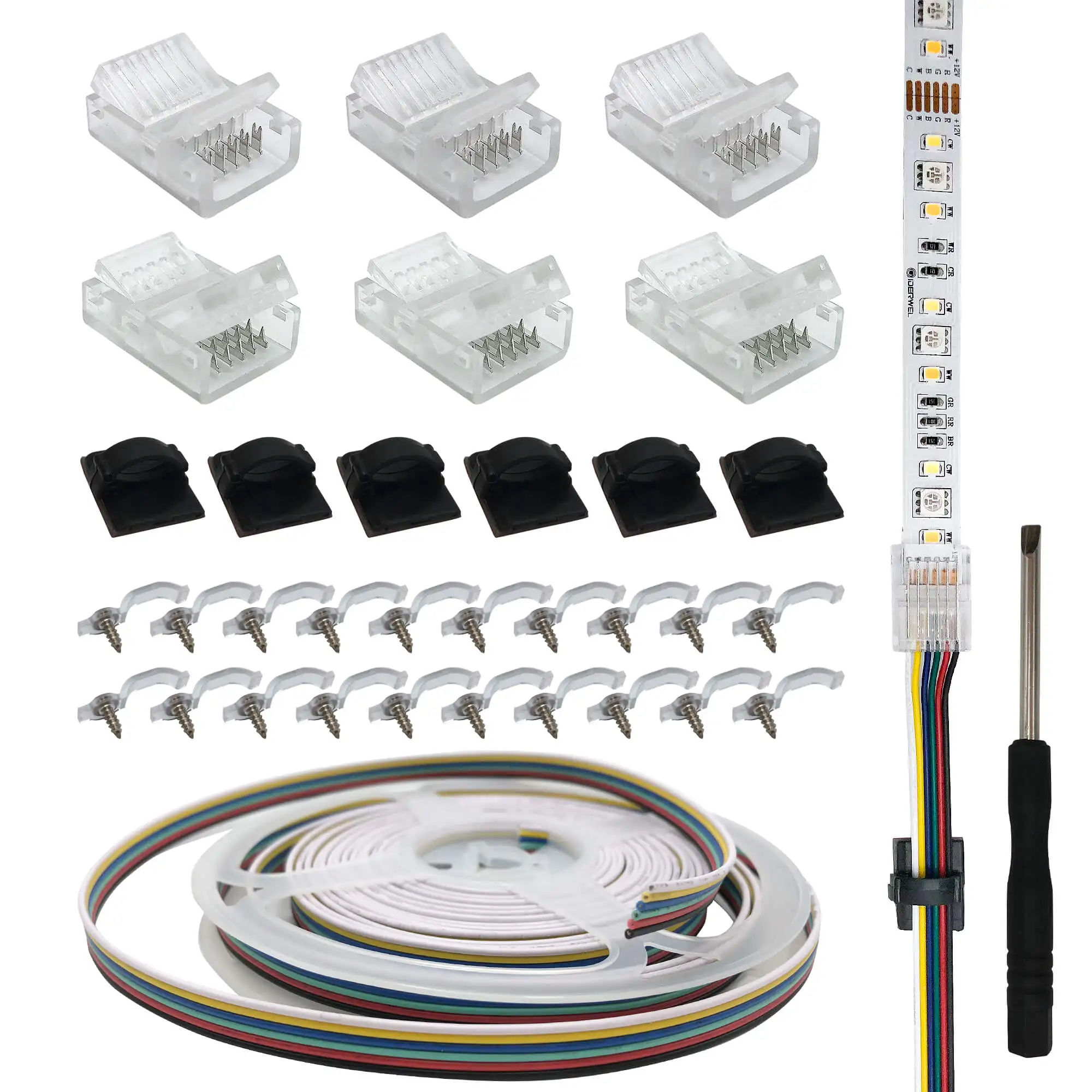 RGBCCT 6 Pin LED Strip Connectors with Extension Cable 6 Pack 12mm LED Strip RGBCW to Wire Solderless Transparent Track Lighting