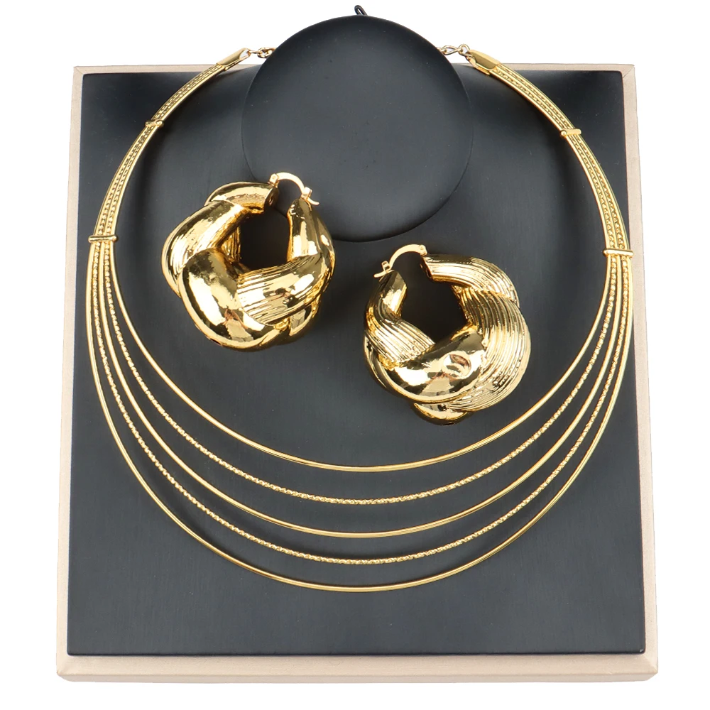 

Fashion Gold Plated Jewelry Set Women Bride Gifts Geometry Hoop Earrings and Layers Necklace for Dubai Weddings Jewellery