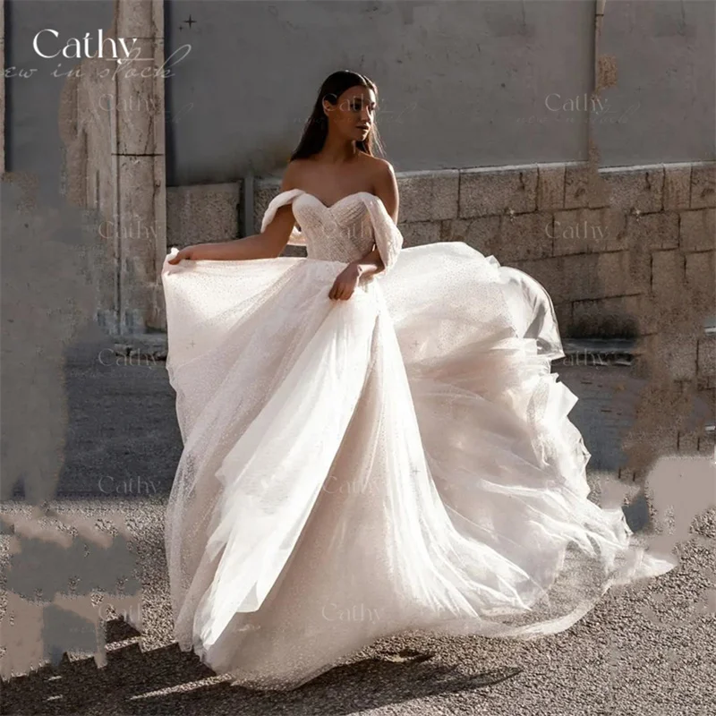 

Sexy Sweetheart A-line Tulle Vestidos De Fiesta Boho Off The Shoulder Wedding Dress Princess Short Sleeves Wedding Dress