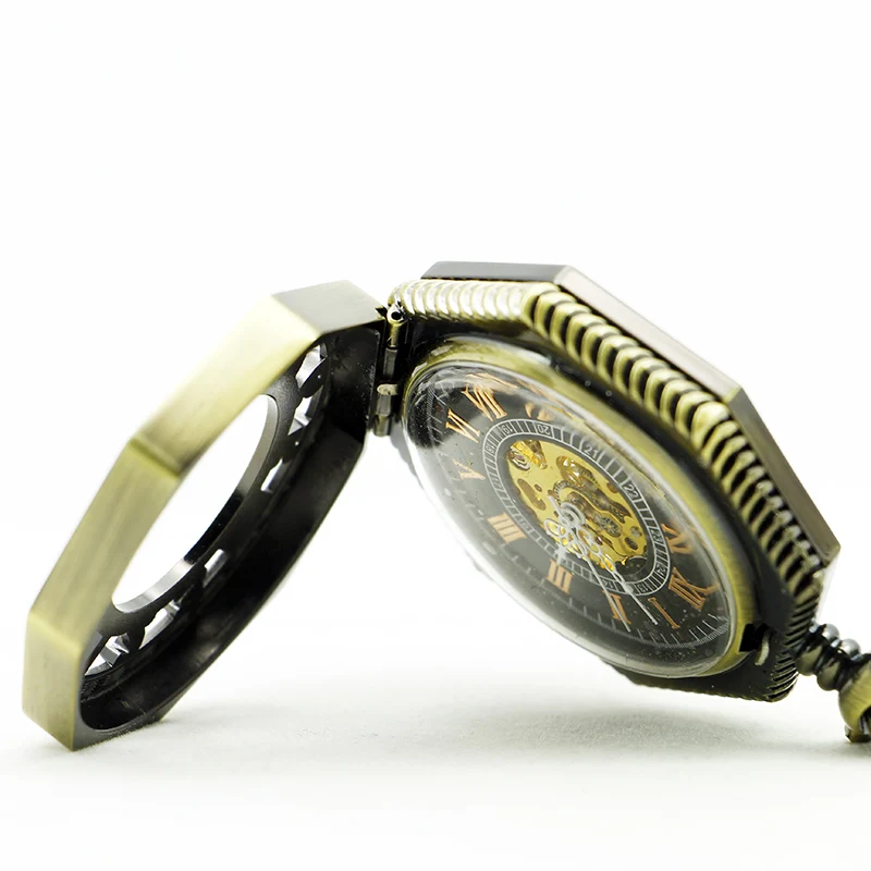 New Arrival Bronze Hunter Mechanical Hand Winding Pocket Watch Vintage Arabic Numerals Display Skeleton Pendant Pocket Clock