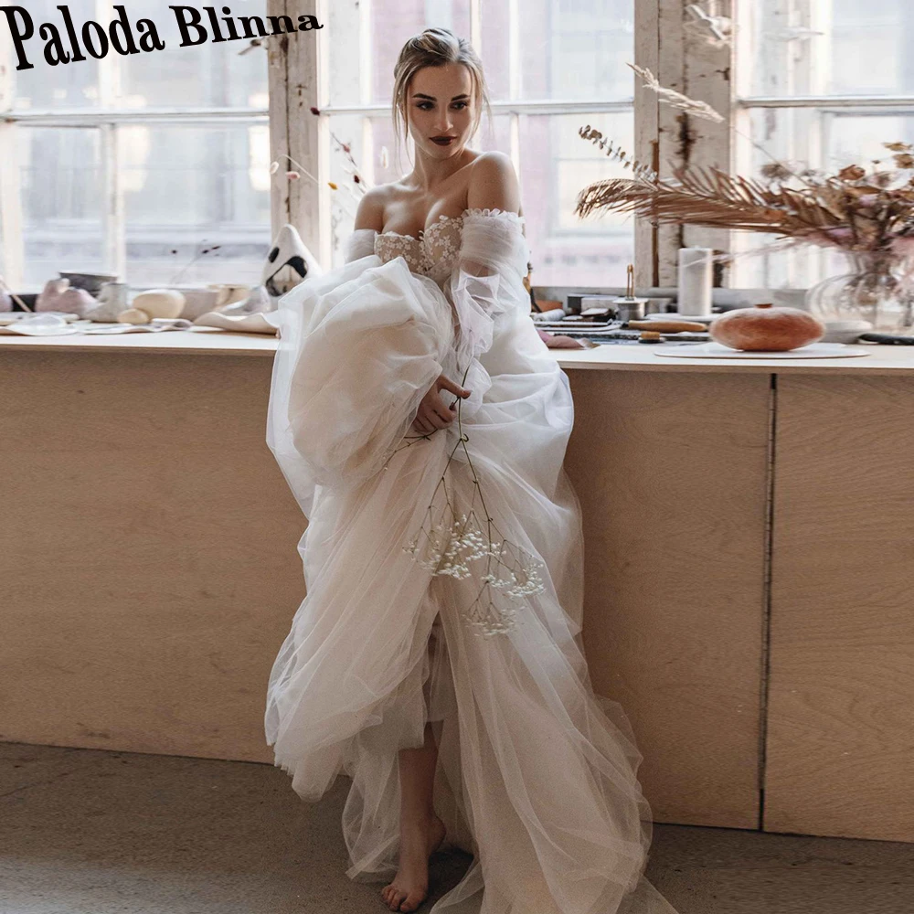 

Paloda Trendy Detachable Full Sleeves Wedding Gown For Bride Pleat Strapless Zipper Court Train Tulle Vestido De Noiva 2023