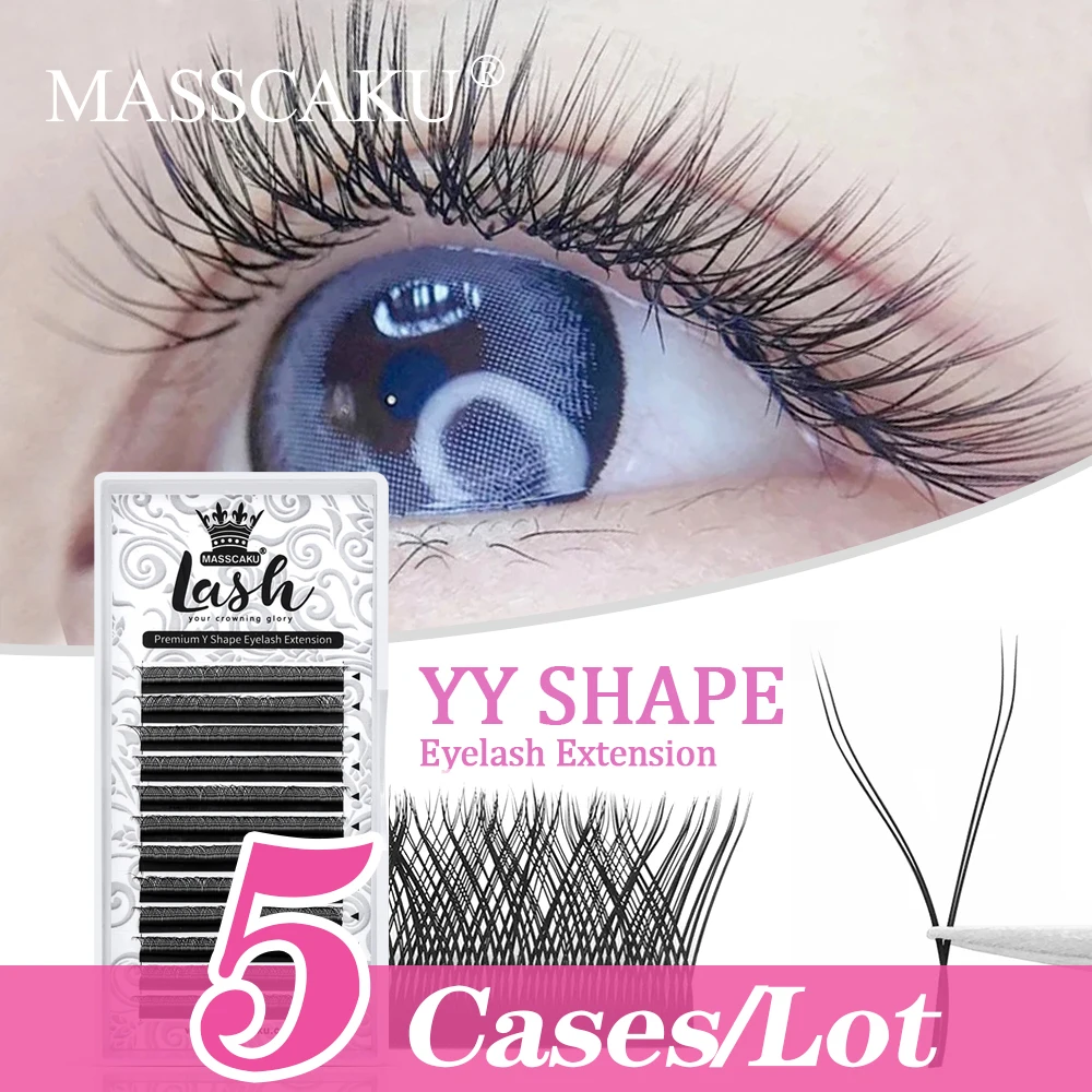 5Case/lot MASSCAKU C/D Curl YY Shape Eyelashes Extensions Rapid Blooming 100% Handmade Y Style Individual False Lashes