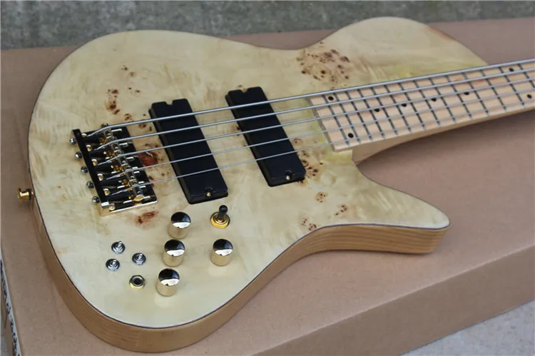 

Custom Fode 5 String Burl Natrual Wood Spalted Maple Top Electric Bass Guitar Maple Fingerboard Abalone Dot Inlay Butterfly Head