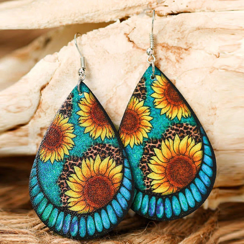 

Retro water Drop Leather Earrings Leopard Pattern Sunflower Flower Double-sided Pu Earrings Earrings For Women Pendientes