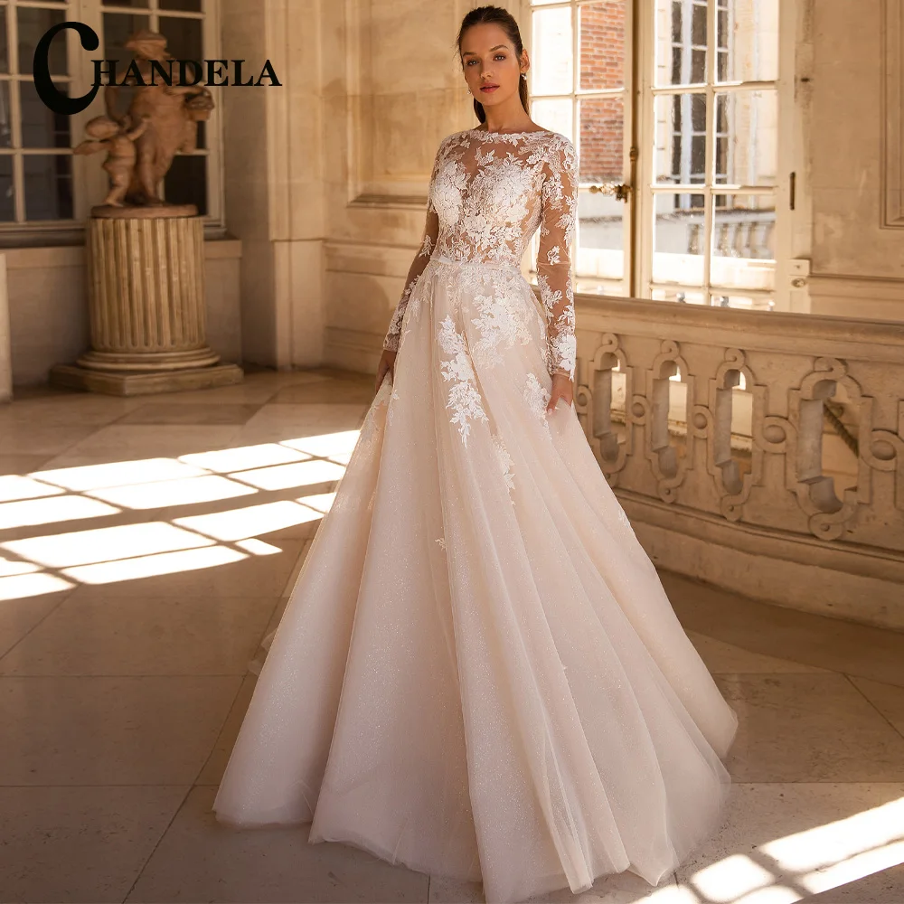 

CHANDELA Elegant Wedding Dresses O-Neck Pleat A-Line Appliques Long Sleeves Bridal Gown Made To Order Brautkleid For Women