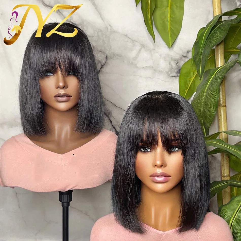 

Short Straight Bob Wig With Fringe Bangs 13x4 HD Lace Front Human Hair Wig For Woman Remy Brazilian Pre-Plucked Bleached Natural
