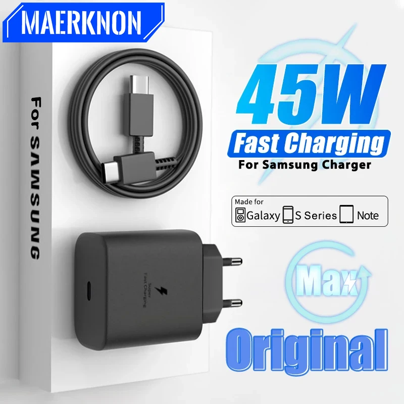 

Оригинальное зарядное устройство USB C мощностью 45 Вт, Сверхбыстрая зарядка, кабель типа C, быстрая зарядка для Samsung Galaxy S23 S22 Ultra, адаптер для телефона Android