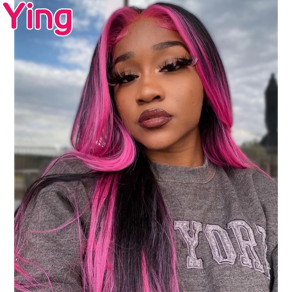 Highlight Pink With Black Straight Human Hair Wigs 180 Density Brazilian Remy 13X4 13X6 Lace Frontal Wigs for Women Transparent