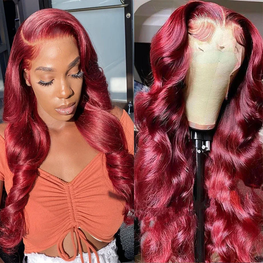 

Бордовый парик из человеческих волос 13x6 Hd с красной фронтальной сеткой, парик с цветными волнистыми волосами, 30 дюймов, без клея, 13x4 99J, прозрачный парик с фронтальной сеткой