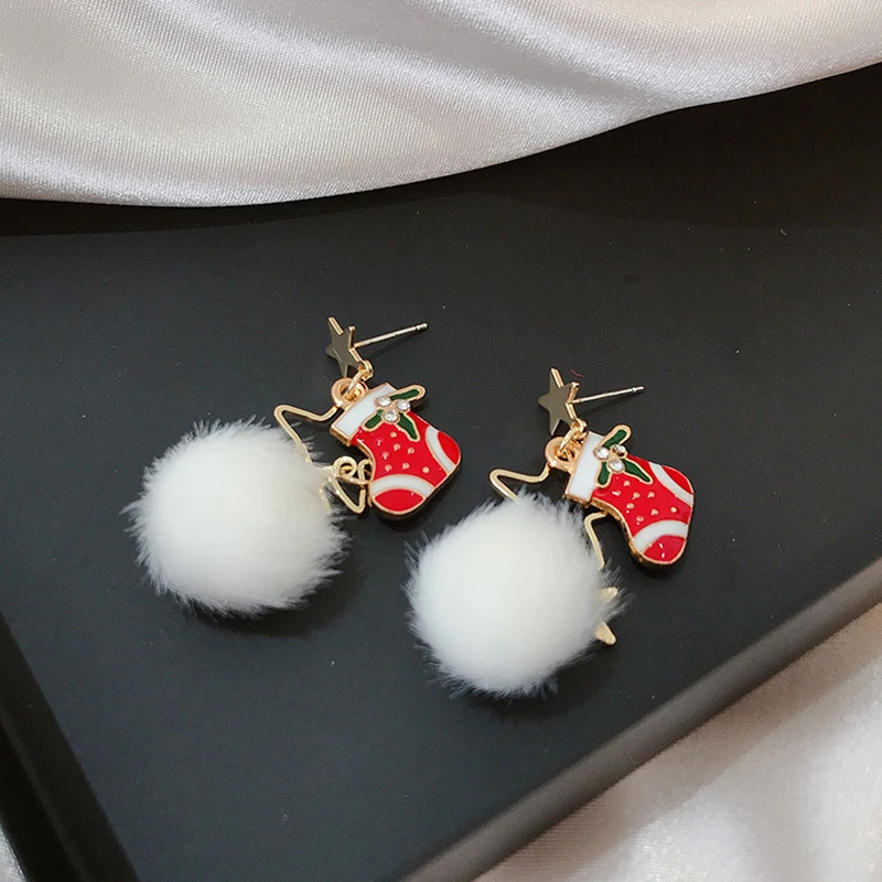 

Cute Red Color Christmas Stocking Zircon Dangle Earrings For Women Boho Hang Santa Claus Plush Ball Pendant New Year Party Gift