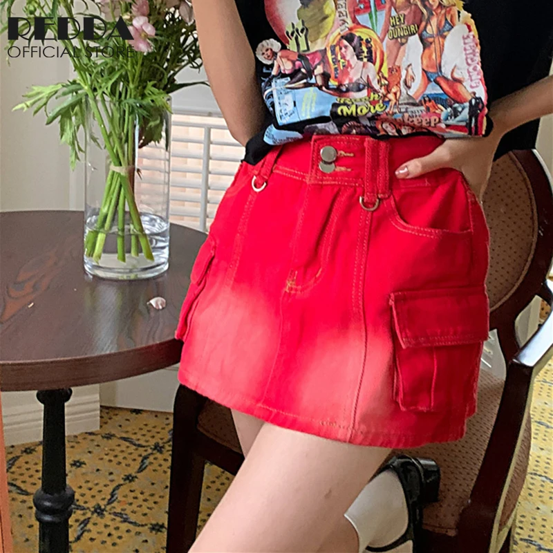 

Pockets Cargo Skirts Women High Rise Short Skirt Hot Girl Vintage Washed Red Gradient Denim Mini Skirt Hip Hop Clothes for Girls