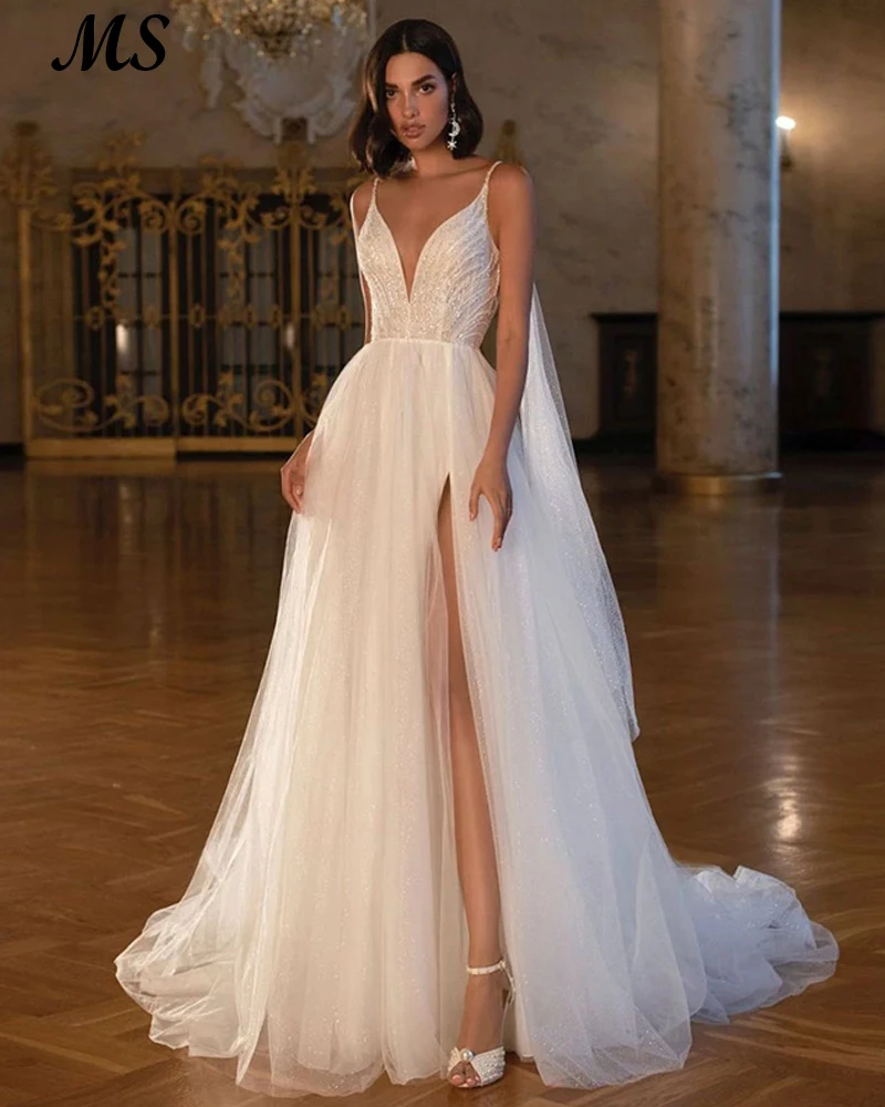 

MS A Line Boho Wedding Dress V Neck Beading White Tulle Leg Slit Backless Floor Length Bridal Gowns For Bride Vestido De Novia
