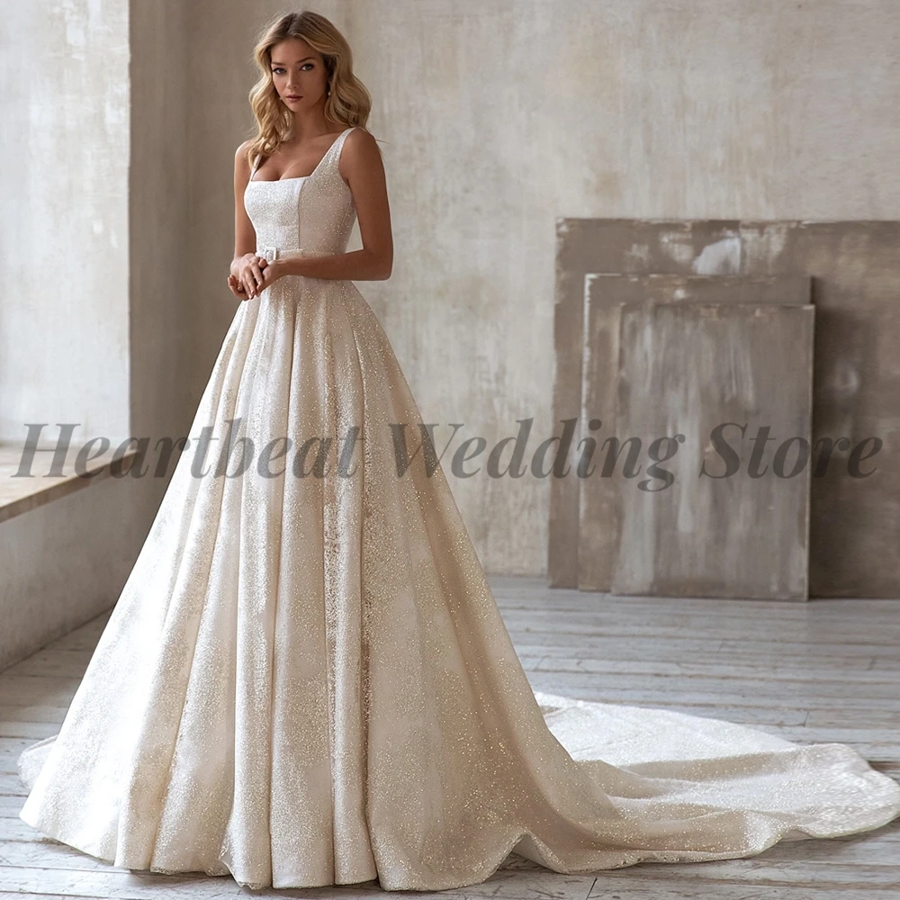 

High Quality A-Line Wedding Dress for Women with Sequins Belt Court Train Square Collar Sleeveless Backless 2023 Bridal Gowns