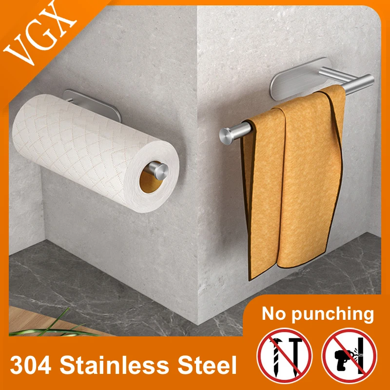 

VGX Kitchen Towel Paper Holder Cling Film Holder Bathroom Roll Paper Rack Home Storage Racks Toilet Tissue Hanger Rack Nail-Free