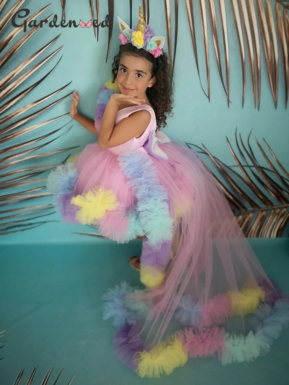 

Gardenwed Puffy Flower Girl Dress Colorful Girl Party Dress Colorful Kids Dance Dress Puffy High Low Train Dress Girl