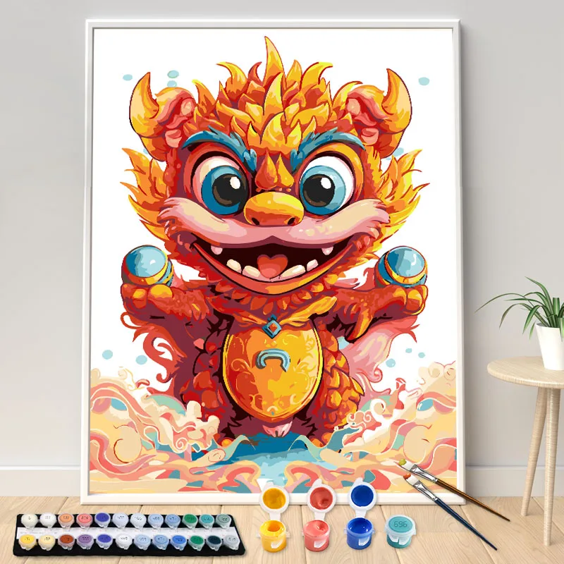 

Hand Painted Auspicious lion dance Cute Cartoon Oil Painting By Numbers Kit Seascape DIY Acrylic Artwork Canvas Art Gift Home