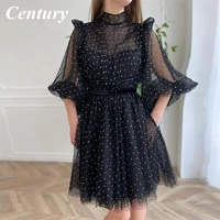 black sweet elegant graduation dresses spot tulle a line high neck half sleeves knee length girls short homecoming party gowns