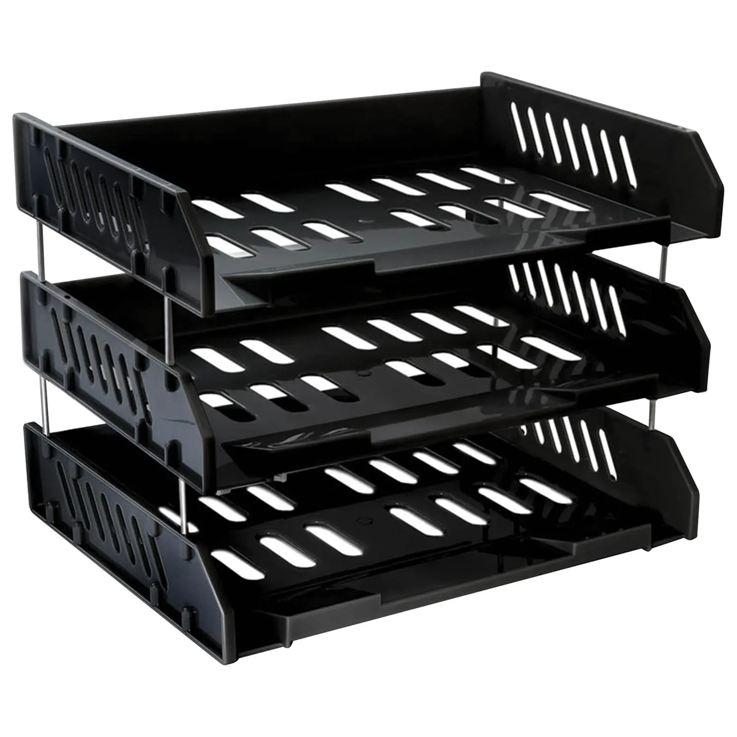 Лотки горизонтальные для бумаг, НАБОР 3 шт. (335х232х280 мм), на металлических стержнях 60 мм, черные, СТАММ 