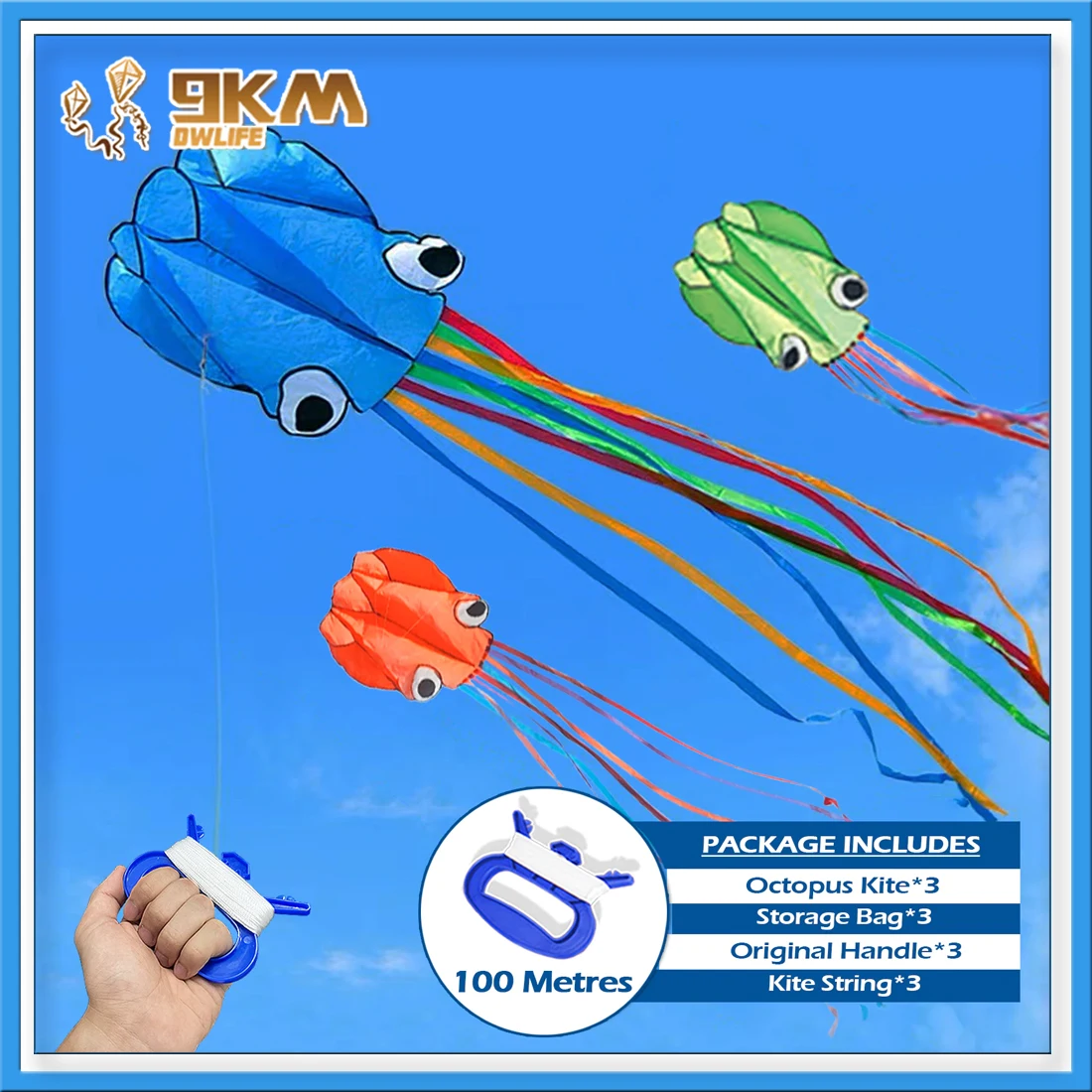 

3Pack 4m Giant Octopus Kite Soft for Kids Easy to Fly Beach Kites Adults with 100M Kite String + Handle + Storage Bag Outdoor