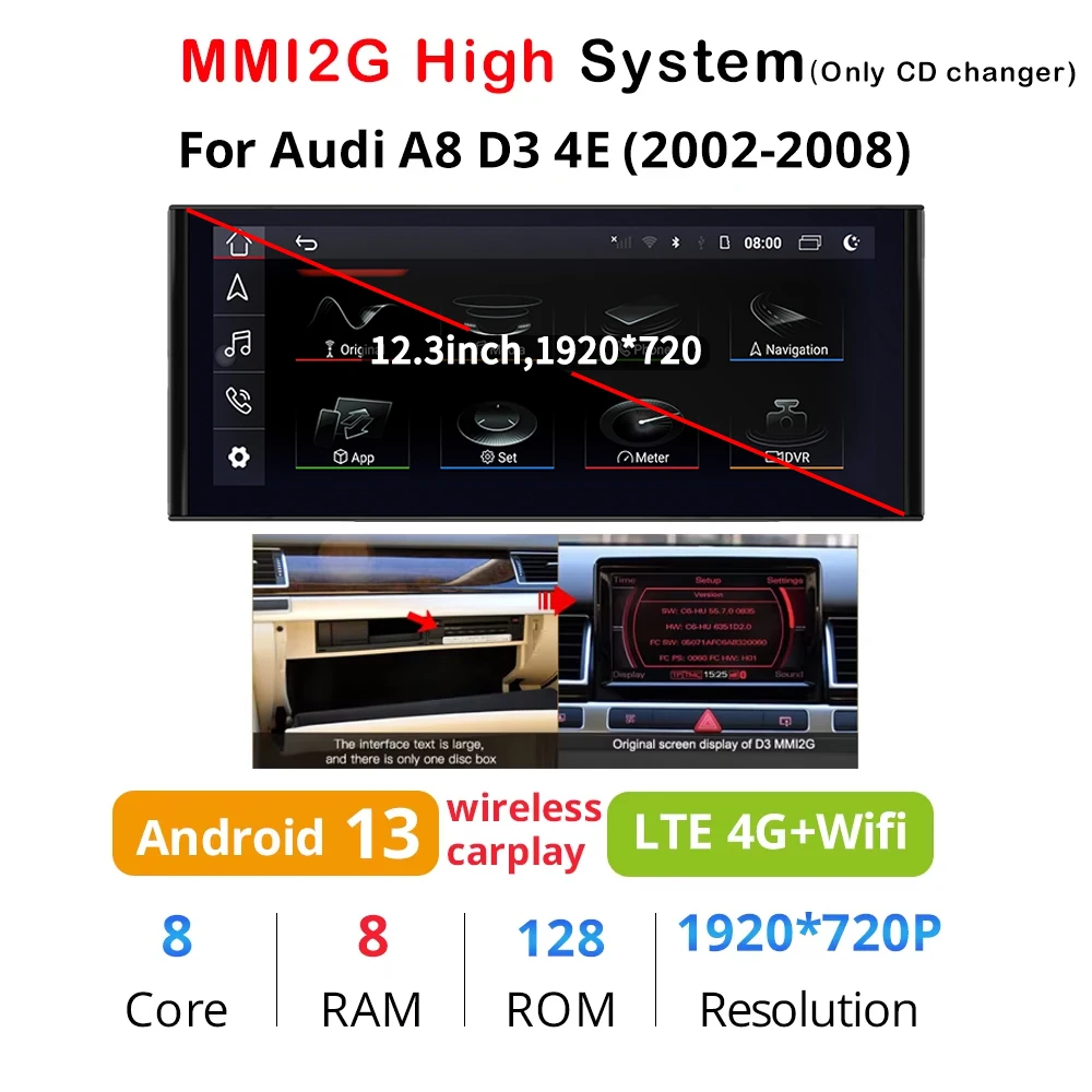 

Автомобильный мультимедийный стерео-плеер hualшан для Audi A8 D3 2002-2010 Android 13 с сенсорным экраном