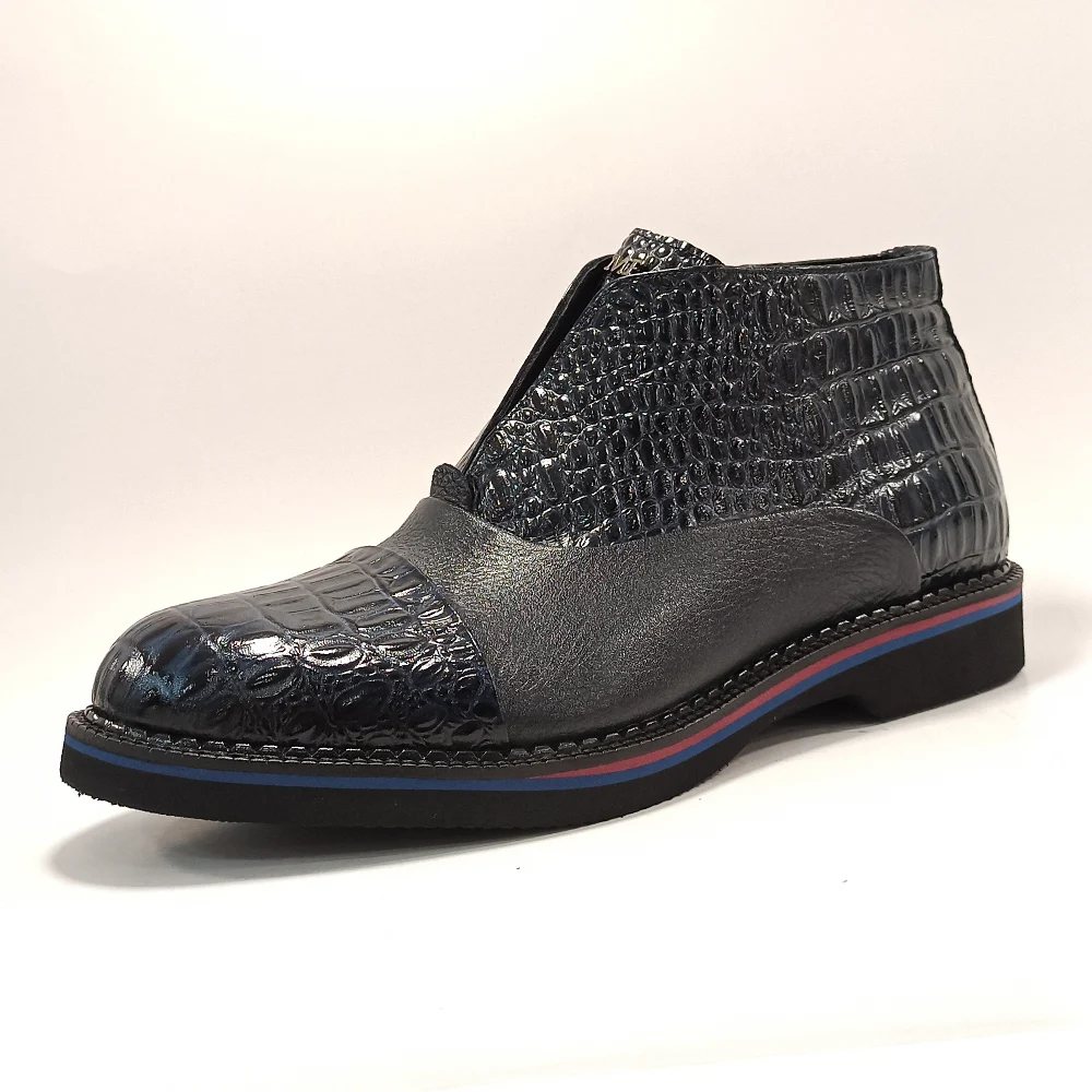 

Men Real Genuine Deer Leather Navy Blue Boots Side Zipper Business Casual Style Authentic Crocodile Print Ankle Male Dress Shoes