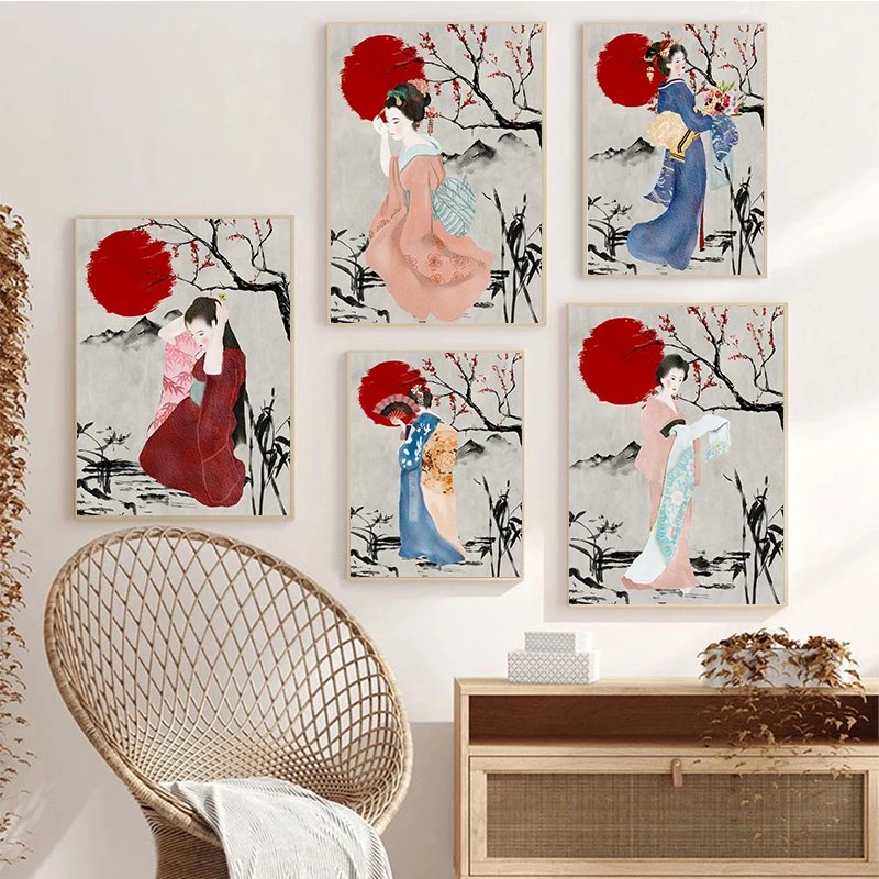 

Traditional Japanese Women Art Prints Posters Geisha Kimono Vintage Style Canvas Painting Pictures for Living Room Decor Unframe