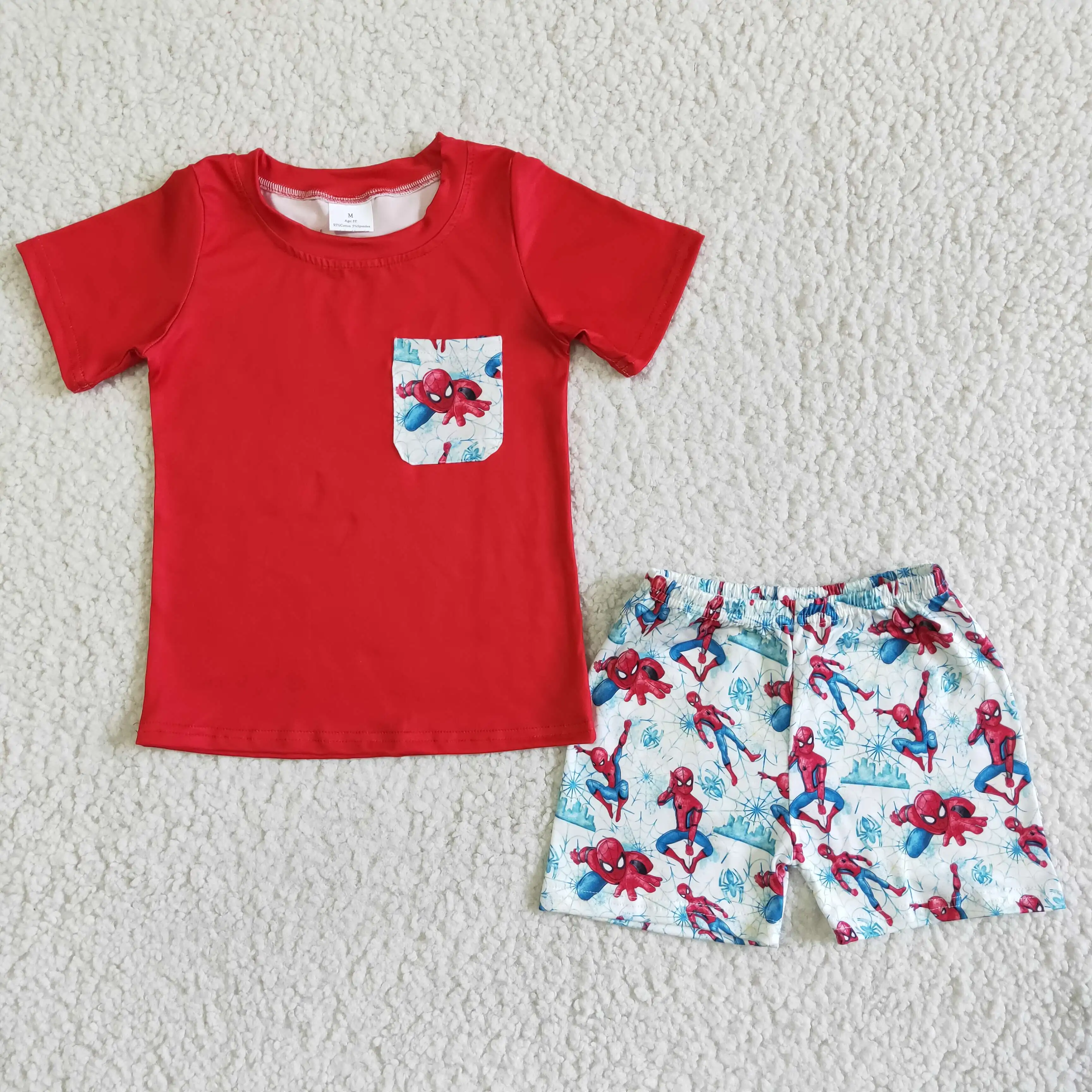 

summer boy 2 pcs outfit clothes red pocket short sleeve top and cartoon shorts kids clothing set baby boy outfit