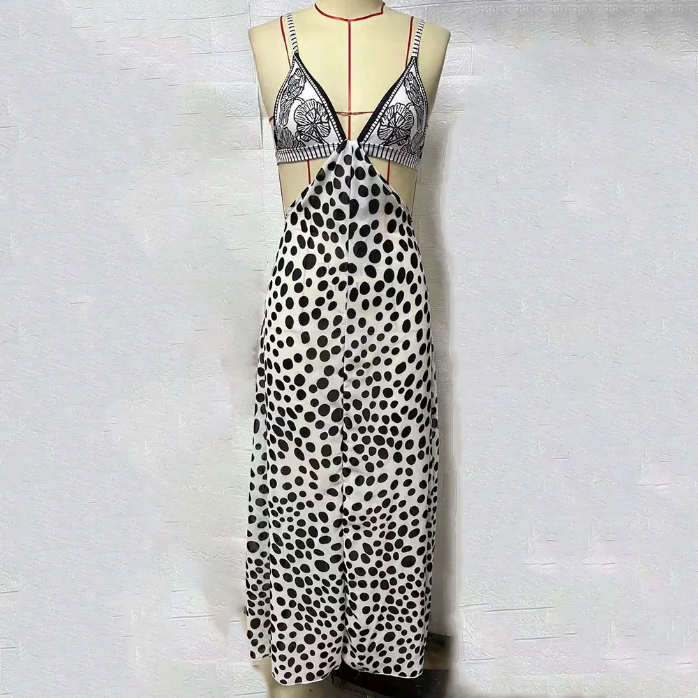 

2022 New Swimwear Embroidered Backless Bra Chiffon Black Dots Beach Dress Robe Plage Beach Bathing Suit