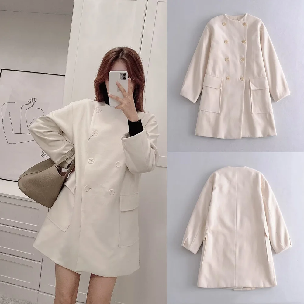 

PB&ZA 2022 Autumn New Women's Fashion Temperament Windbreaker Round Neck Double Breasted Pocket Decorative Coat Coat 08169543712