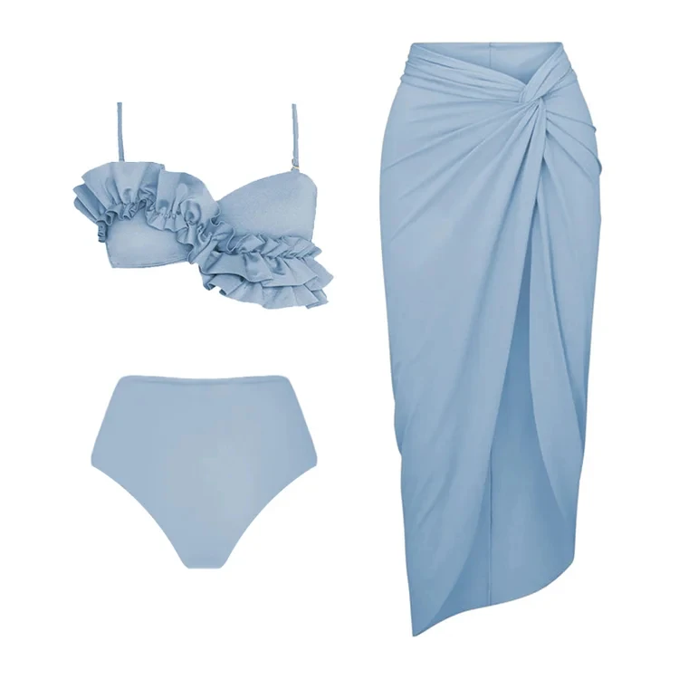 

2023 New Cute Blue Ruffle Bikini Swimsuit and Sarong Summer Swimwear Women Beachwear Bathing Suit