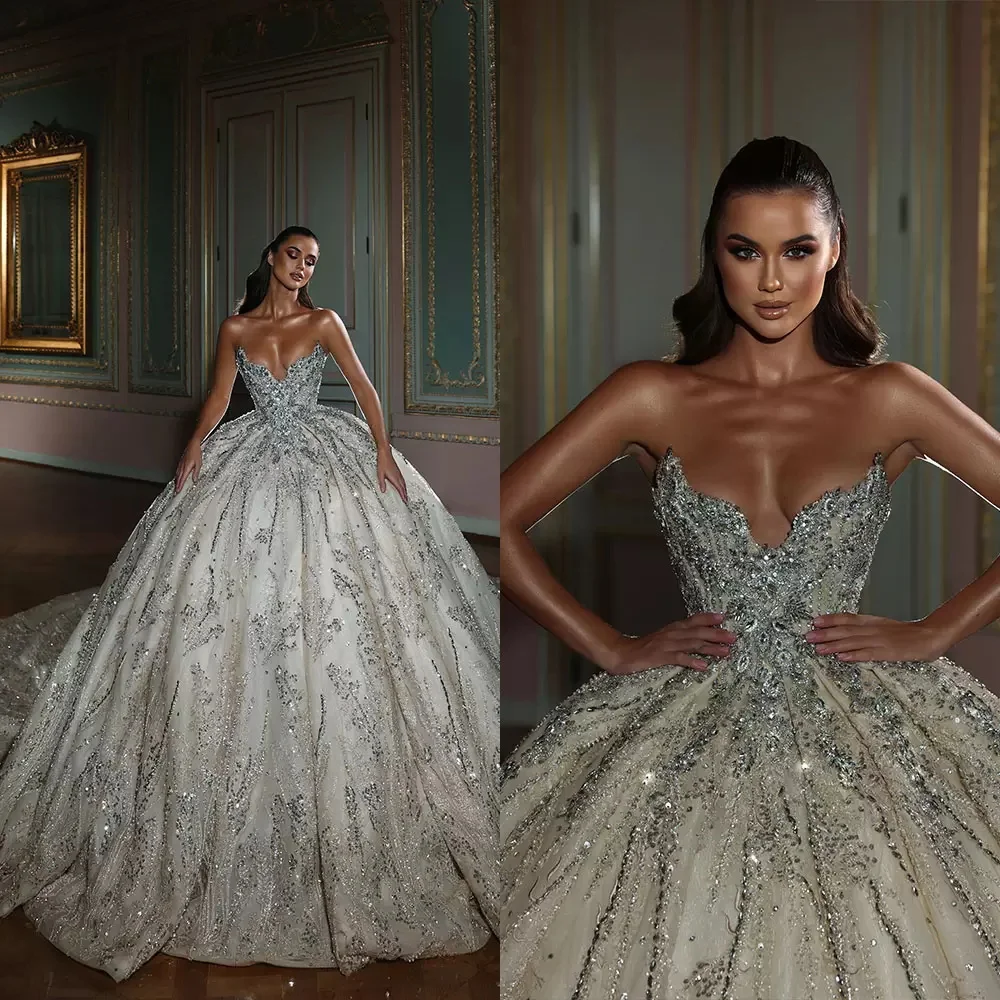 

Luxurious Ball Gown Wedding Dresses Sexy Sweetheart Beads Sequins Appliques Diamonds Arabic Bridal Gowns