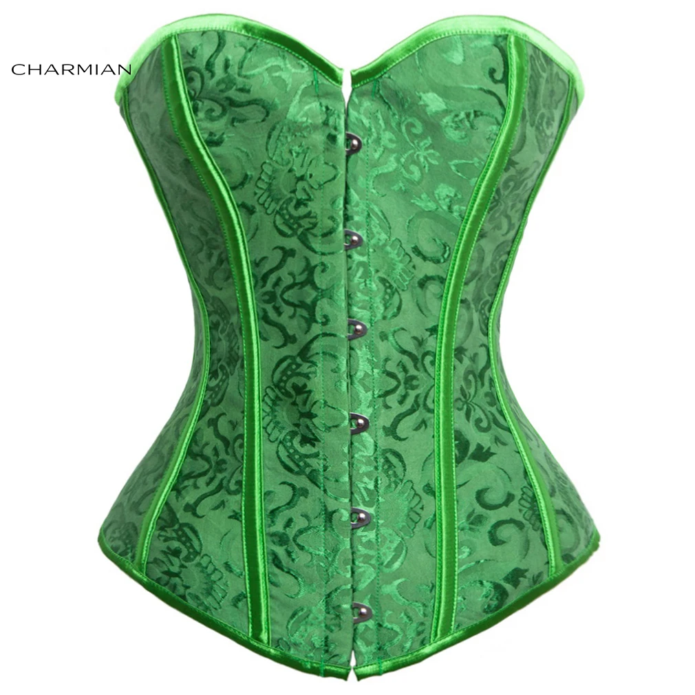 Фото Charmian корсетный топ для женщин сексуальный викторианский атласный цветочный корсет на шнуровке с завышенной талией бурлеск без бретелек винтажный топ-бюстье зеленый №1