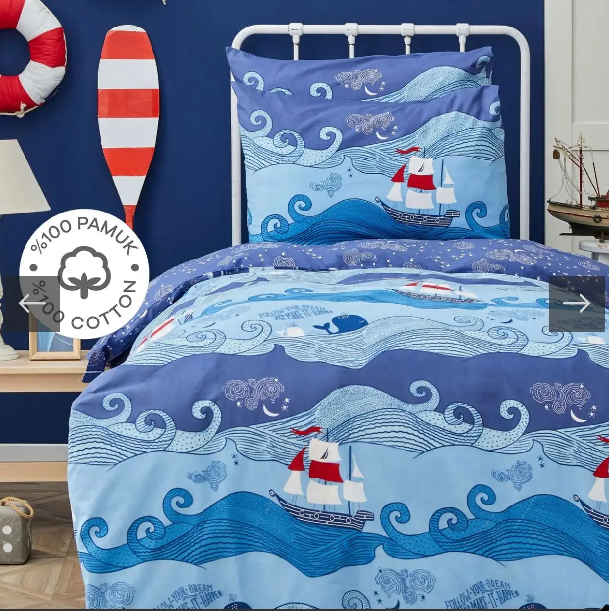 Nautica Home Kids Dream 100% Cotton Single Duvet Cover Set Blue Sea and Ship