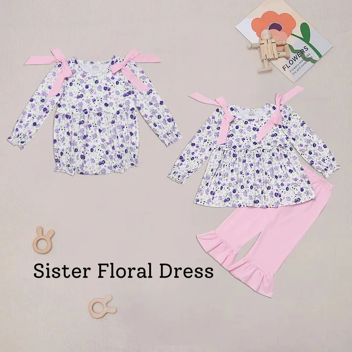 

Boutique Baby-Ensemble haut à manches longues et pantalon rose pour fille, col rond, imprimé floral violet, barboteuse plissée r