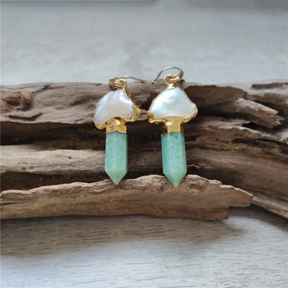 FUWO Wholesale Freshwater Pearl Crystal Earrings,Gold Color Trimmed Natural Stone Point Jewelry For Women ER545 5Pairs/Lot