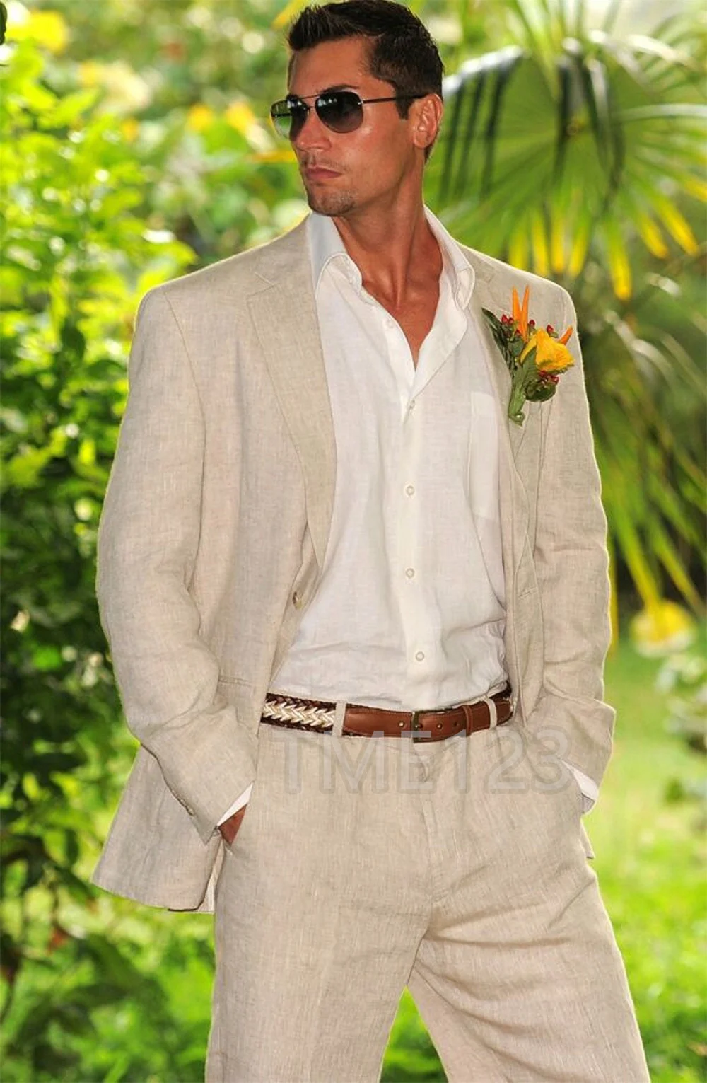 Beige Linen Men Suits for Summer Beach Wedding 2 Pcs Italian Coat Set Blazer with Pants Bespoke Groom flax Tuxedos Male Fashion
