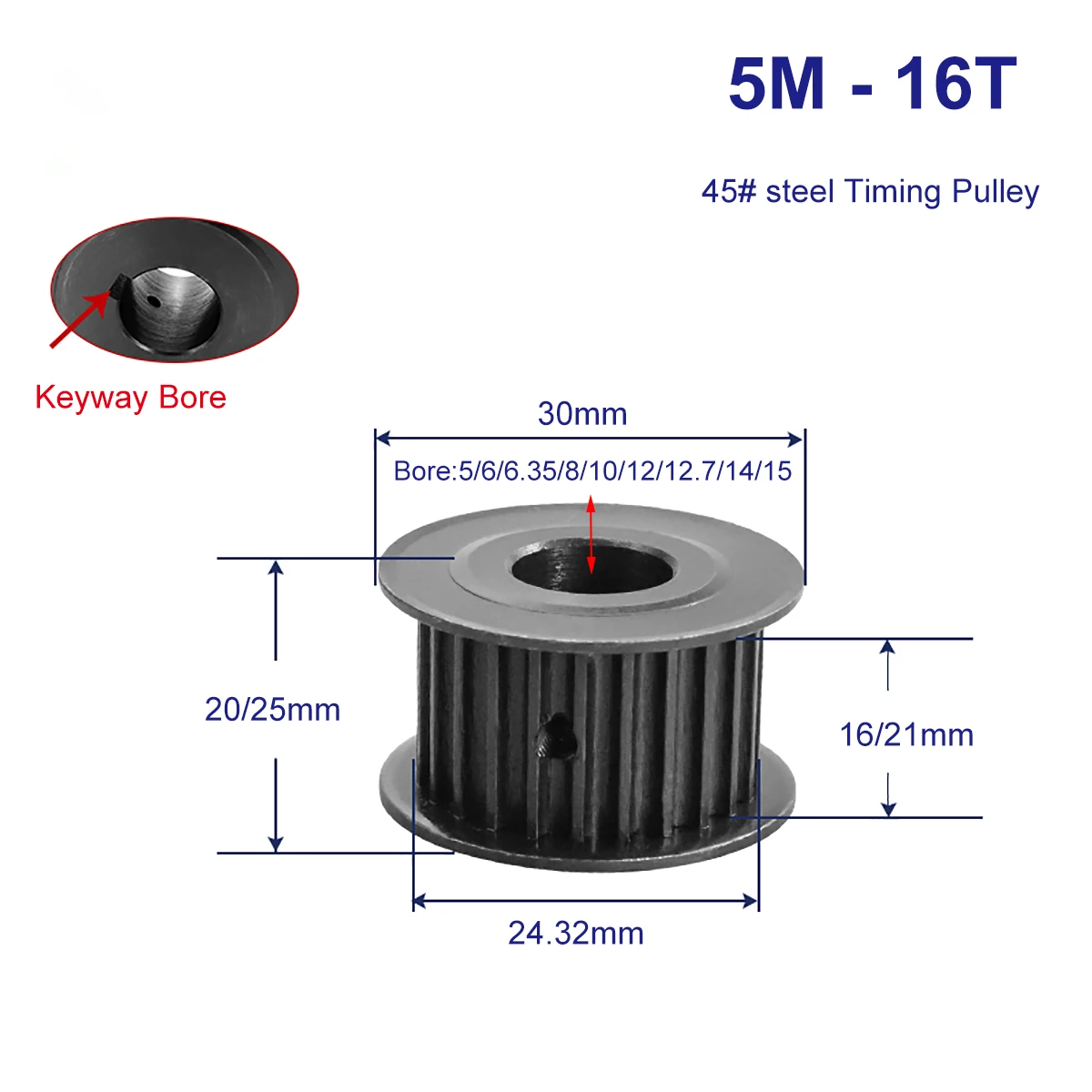 

HTD5M 16 Teeth Synchronous Pulley 45 Steel Slot Width 16/21mm Industrial Transmission Pulley AF 5M-16T Timing Belt Pulley