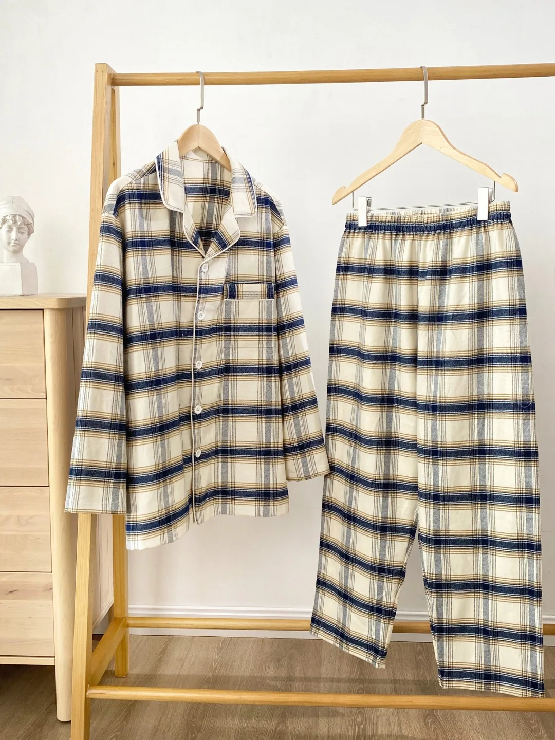 Soft Warm Men 100% Cotton Flannel Couples Suit Long Sleeve and Pants Plaid Pajamas Set Loose Homewear Lougewear Sleepwear
