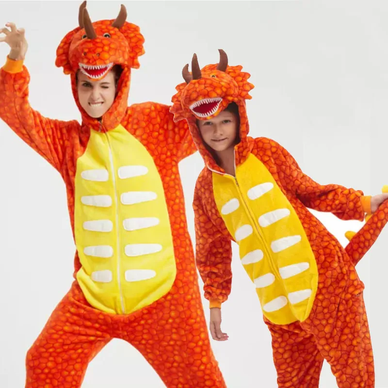 Family Kigurumi Pajamas Orange Triceratops Animal Onesie Cosplay Costume Pajamas For Kids and Adults With Slippers