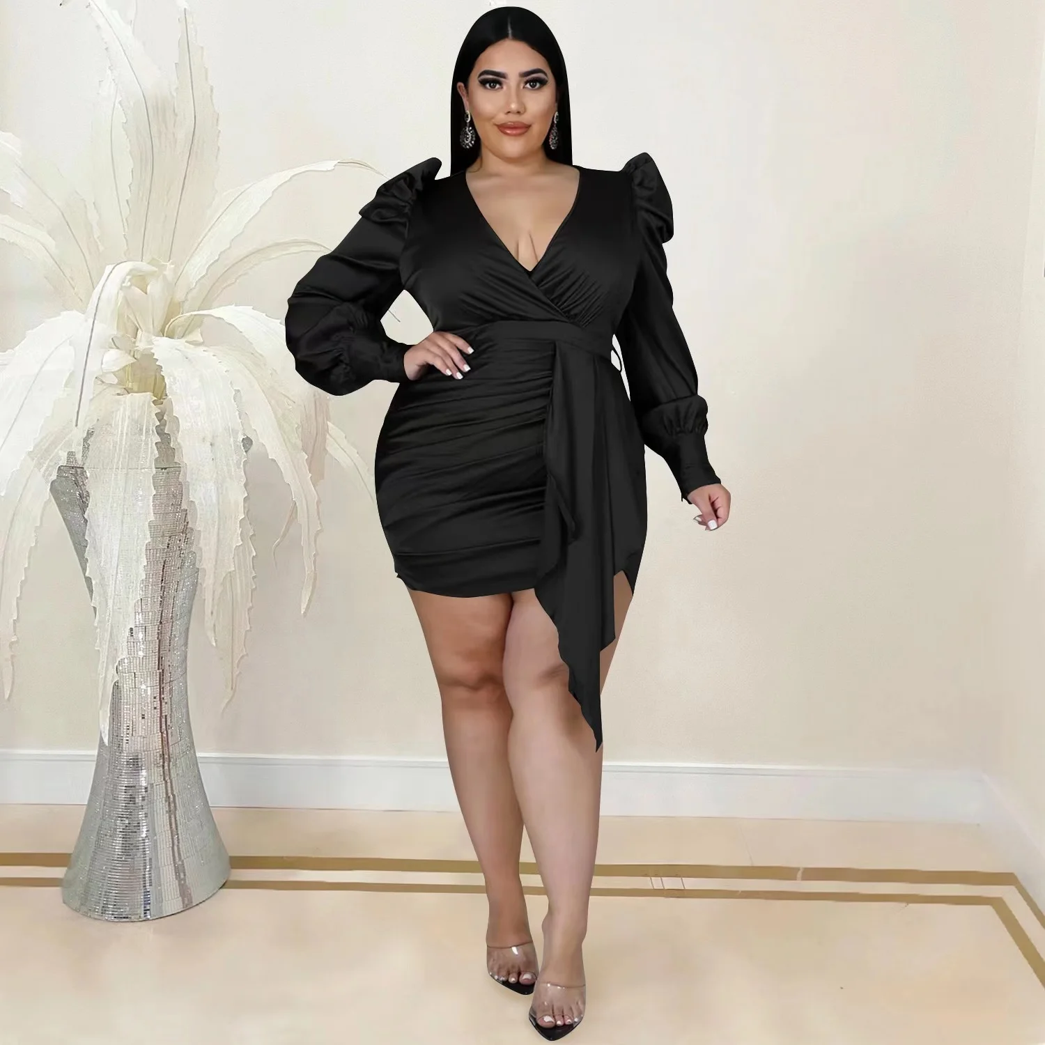 

V-Neck Long Sleeve Satin Green Dress Fall Summer Dresses Plus Sizes 2022 Maxi Dress Plus Size Sexy Evening Dresses