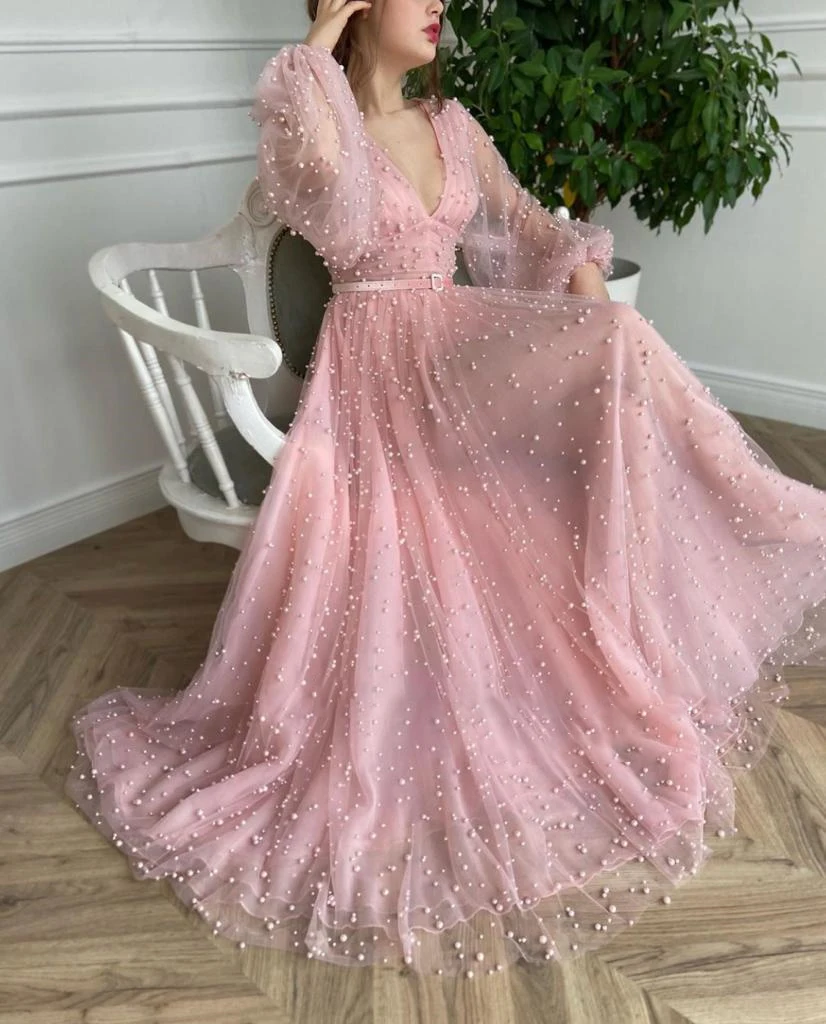 

A-Line V-Neck Tulle HF214 Evening Party Dresses For Women Long Sleeves Princess Elegant Gowns Vestidos De Noche Robes Soirée